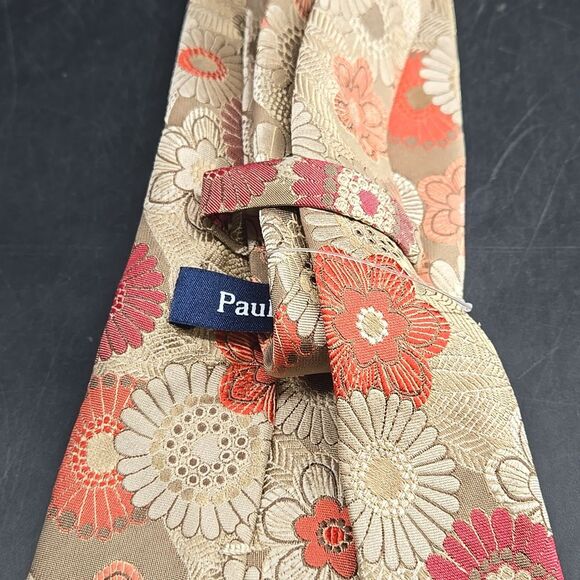 Paul Fredrick Floral Tie in Tan and Orange - Picture 4 of 5